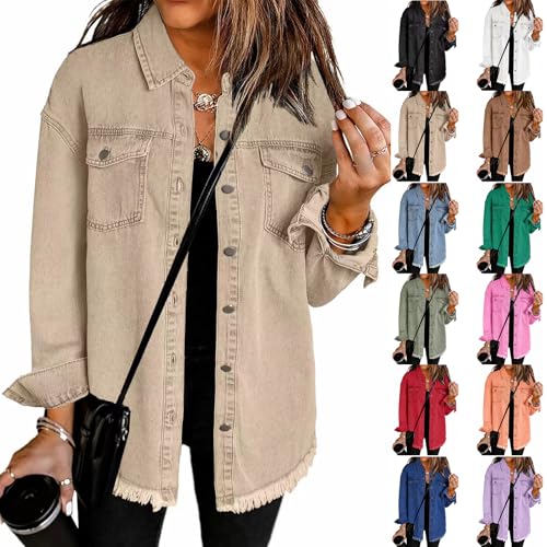 Womens Oversized Denim Jacket Casual Frayed Hem Long Sleeve Jackets Button Down Shacket Distressed Jean Jacket4