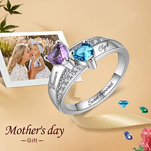 Personalized Promise Rings For Her Mother Rings With 2 Simulated Birthstones Custom Couples Name Ring For Women (Silver, 8) #TOP7