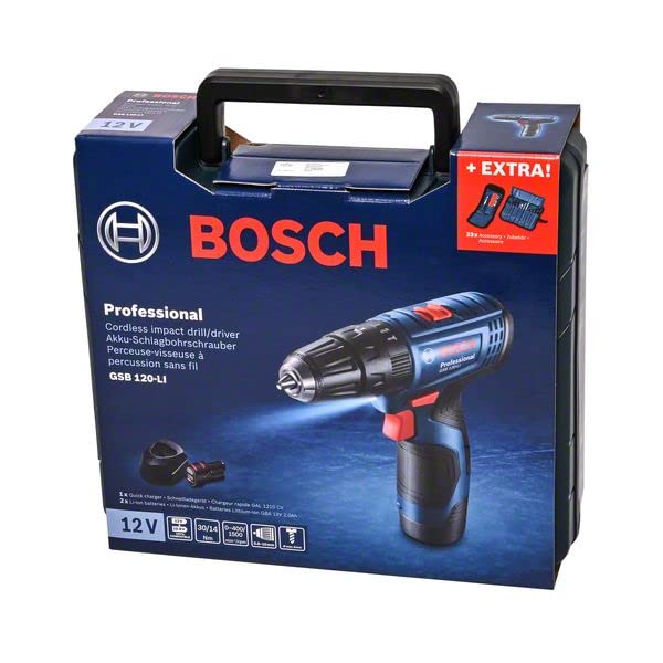 Bosch Professional GSB 120-LI Akülü Darbeli Delme Vidalama Makinesi + 23 parça vidalama seti (12 Volt, 2 x 2,0 Ah Akü, Şarj Cihazı, Plastik Çanta)