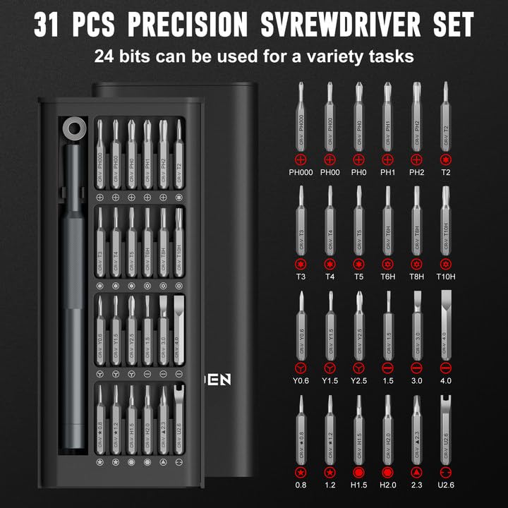 Image of SHARDEN Precision Screwdriver Set for Electronic Repair 31 in 1 | Small Screwdriver Set, Magnetic Repair Tool Kit for Laptop, iPhone, Cell Phone, PC, MacBook, Computer, PS5, Glasses, Watch