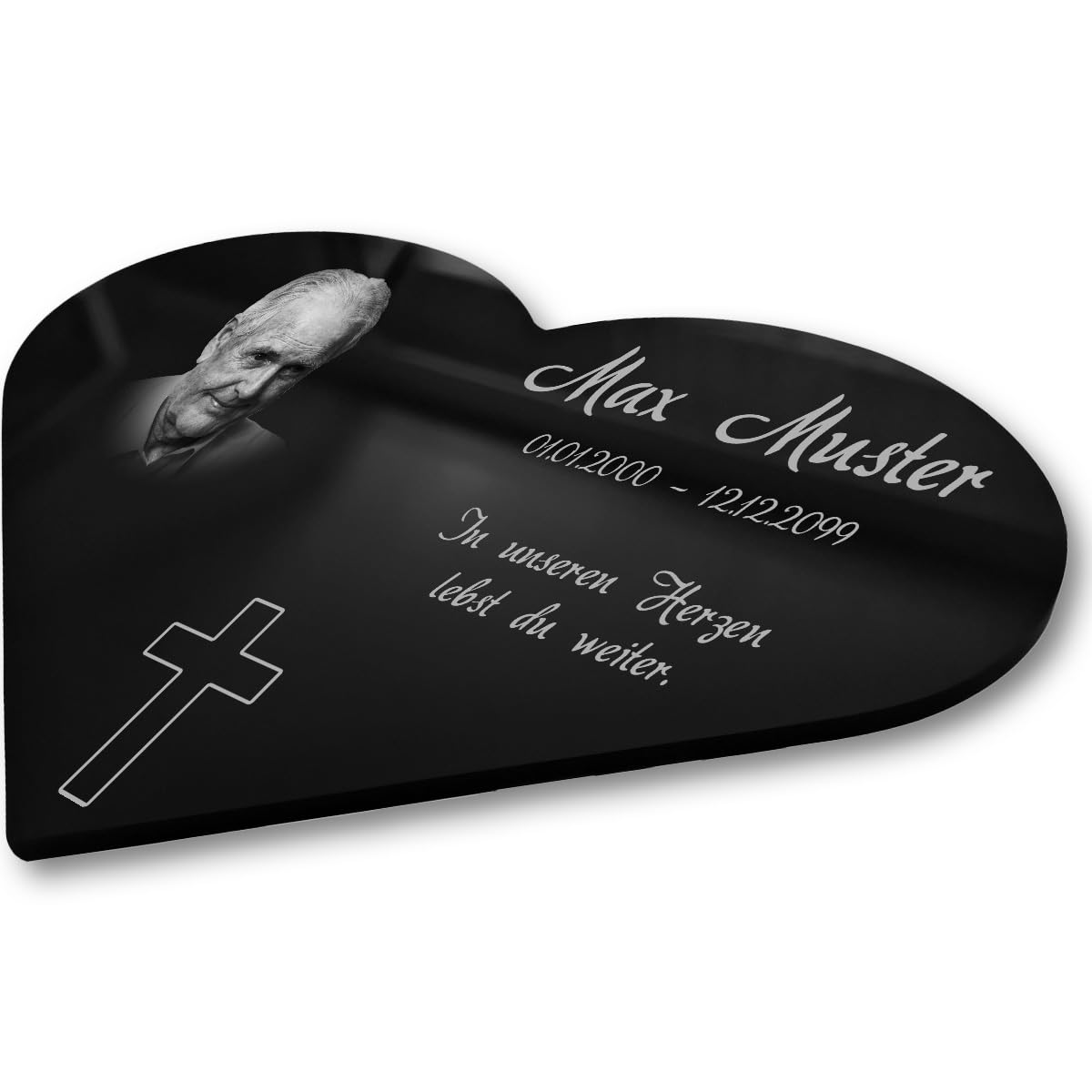 Paule Black Personalisierter Herz Grabschmuck Foto Gravur - Acrylglas Schwarz Hochglanz 400 x 300 mm - wetterfest und wasserfest für Draußen und Innen, für Opa, Oma, Mama, Papa und andere Verstorbene