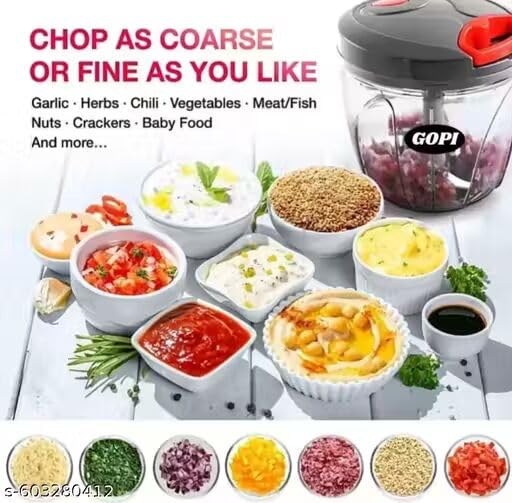 Image of Gopi by GopiStore Mini Plastic Handy Chopper with 3 Stainless Steel Blades & Pull Handle for Vegetables and Fruits