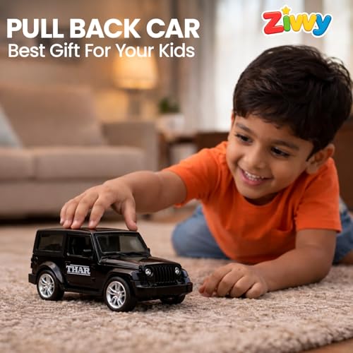 Image of Die Cast Metal Toy Car 1:39 Scale, 4x4 Thar Jeep Car Toy for Kids with Pull Back Action, Openable Doors, Toy Cars for Kids 2+ Years Boys Girls, Miniature Model Car Gift, Random Colors