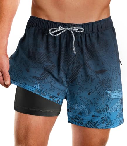 Image of APTRO Men's Swimming Shorts with Zip Pockets 2 in 1 Quick Dry Swim Trunks with Compression Liner Floral Gradient Blue MK386 L