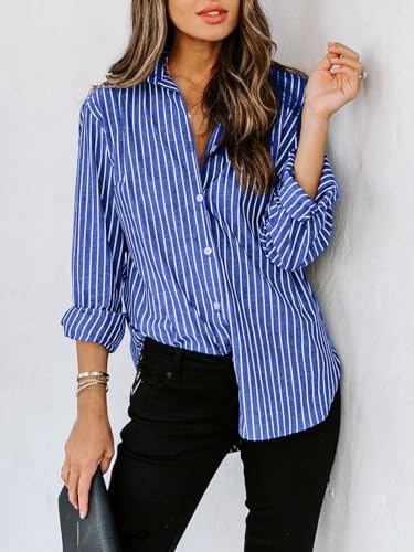 Image of siliteelon Striped Button Down Shirts Women Cotton Long Sleeve Work Blouses