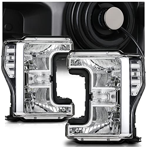 M-AUTO Headlamps Assembly w/ 4 PRE-ASSEMBLED 6000K LED BULBS Compatible with 2017 2018 2019 Ford F-250 F-350 F-450 F-550 Super Duty Pickup Truck, Set of 2 Chrome Housing Clear Corner Headlights