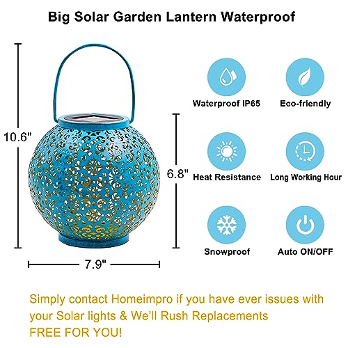 Homeimpro Solar Big Lanterns Outdoor Waterproof Garden Gifts Mom, Metal Table Lights for Patio, Yard Art, Mothers Day Bithday Gifts for Women Men(1Pack, Teal Blue)