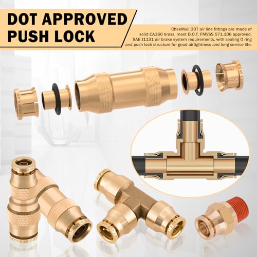 Image of CheeMuii 136 PCS Brass DOT Air Line Fittings Kit Push Lock DOT Air Fittings Push to Connect Fittings 1 /8 inch 1 /4 inch 3 /8 inch 1 /2 inch Quick Connect Air Hose Fittings Assortment for Air Line Air Hose