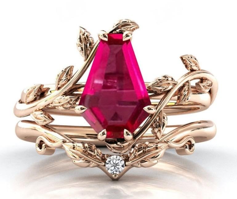 Vintage Red Ruby Engagement Ring Set Anniversary Ring Set For Women Coffin Shaped Art Deco Leaf Style Wedding Ring Set2