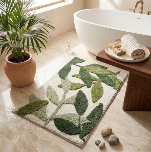 Image of LOOMLYFE Super Soft (40x60 cm) Microfibre 2000 GSM Bath Mat Super Absorbent Anti-Skid Door Mats for Home /Bathroom Mat /Bedroom /Kitchen /Floor Mat Pack of 1 - GreenLeaves