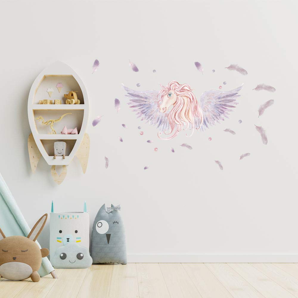 Alwayspon Kids/Girls Room Cute Unicorn Pegasus Horse Wing Wall Sticker, Removable Watercolor Wall Decals, Peel and Stick Wall Art Murals for Home Nursery Decoration Living Room Decor