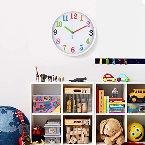 Vreaone Colorful Kids Wall Clock 10 Inch Silent Non Ticking Quality Quartz Battery Operated Wall Clocks, Easy To Read 3D Multi Colored Numbers Nursery Classroom Office Kitchen, White Frame #TOP1