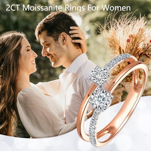 DIYA 2 CT Rose Gold Moissanite Engagement Ring for women S925 Sterling Silver Moissanite Round Wedding Ring Guard Double Rings Vintage Ladies Dainty Anniversary Promise Jewelry Gift for Women Size 6-94