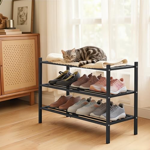 Image of Smiry Bamboo Shoe Rack, 5 Horizontal Slats, 3 Tier - 26.8 inch Wide, Black