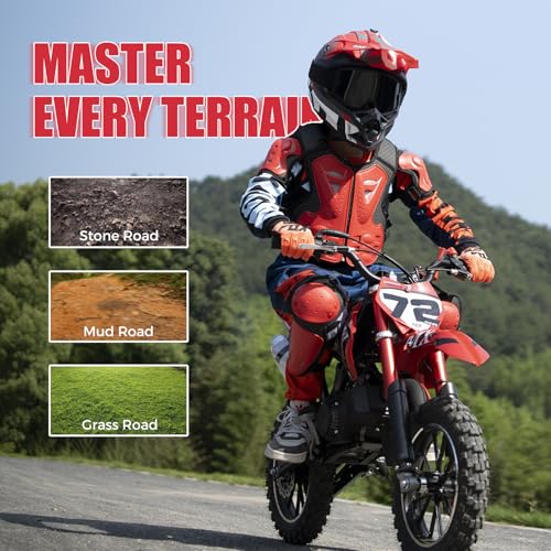 Image of Gas Dirt Bikes for Kids, 50cc 2 Stroke Kids Dirt Bike, 49cc Dirt Bike Up to 24 MPH Pull Start, Pit Bike for Boys Girls, Gas Dirt Bike Dual Disc Brake Inverted Fork Off Road, Red