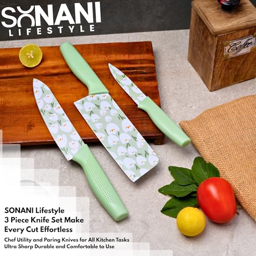 Image of Professional Piece Kitchen Knife Set - High Carbon Stainless Steel Chef, Utility & Santoku Knives with Ergonomic Blue Handles Knife (Light Green, 3 piece)