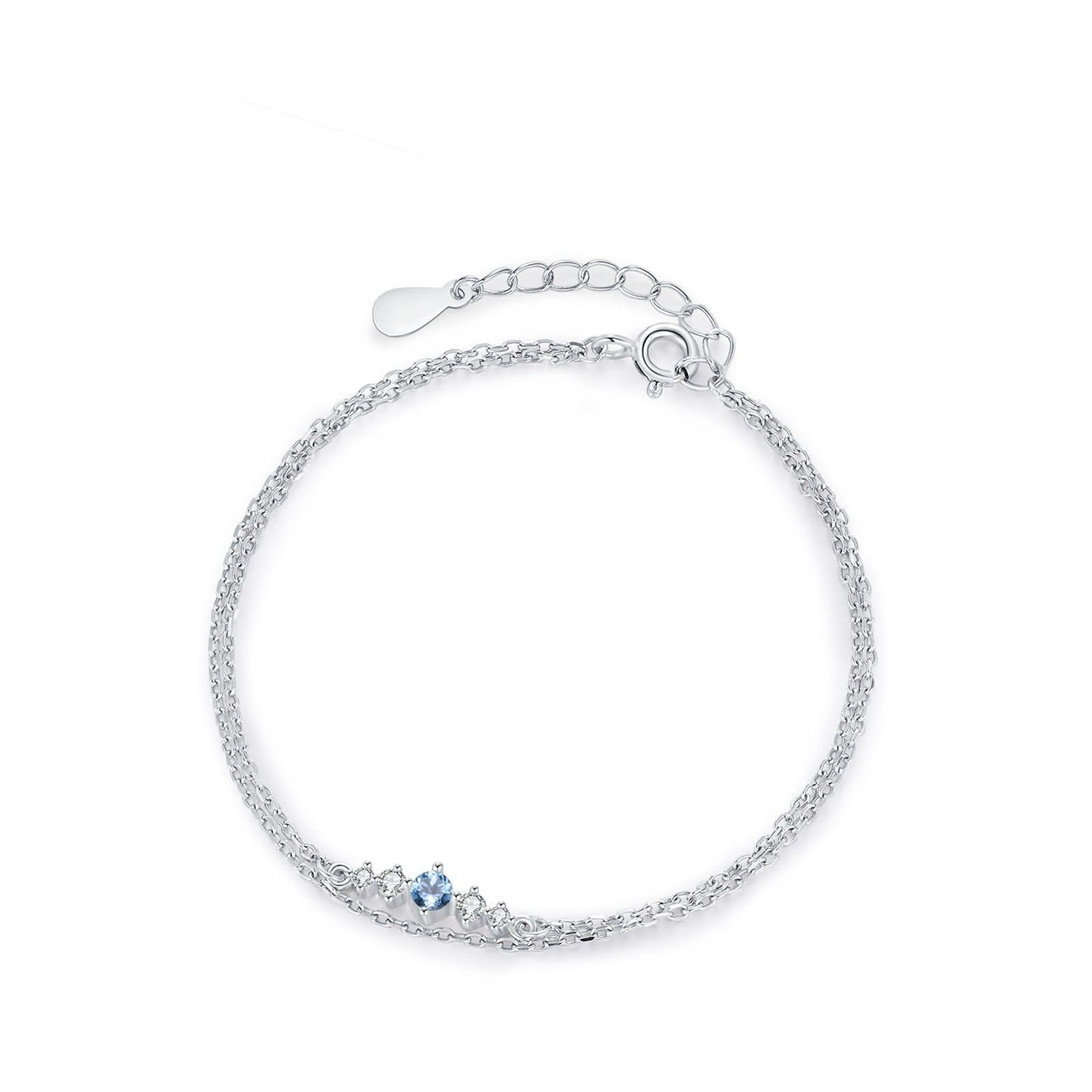 Pulsera Mujer Oro Blanco 9Kilates / 14Kilates / 18Kilates, Cadena Doble Capa con Zafiro Creado de 0,25 ct, Cadena Extensible 16 CM + 5 CM, Pulseras de Mujer de Plata Azul