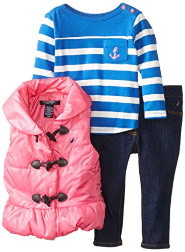 Nautica Girls' 3 Piece Puff Vest and Denim Pant