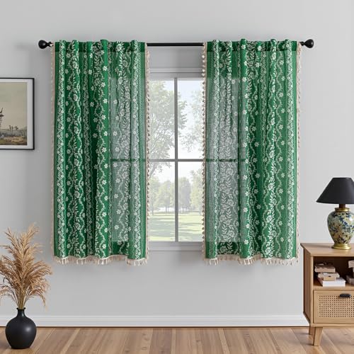 Image of MYSKY HOME Olive Green Boho Printed Curtains Linen Blend 63 Inch Length | Semi Sheer Farmhouse Vintage Bohemian Drapes for Bedroom Living Room with Tassel Rod Pocket, 2 Panels, 50 inch W x 63 inch L