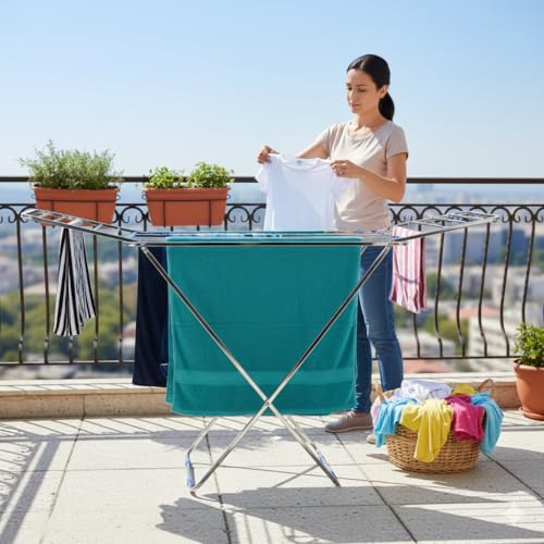 Image of homWell Heavy Duty Stainless Steel Foldable Clothes Drying Stand with 41 Feet Drying Length & 8 Hooks Cloth Drying Stand Foldable Clothes Stand for Drying Cloth Dryer Stand