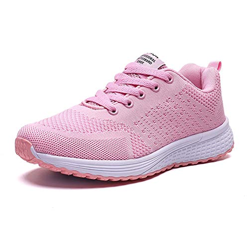Lanchengjieneng Mujer Entrenador Zapatos Gimnasio Deportes atléticos Zapatillas de Deporte Malla Informal Zapatos para Caminar Encaje Plano Rosa EU 40