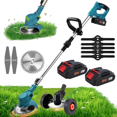 Desbrozadora eléctrica inalámbrica de 21 V, corte de borde inalámbrico con batería y ruedas, 3 tipos de cuchillas, plegable retráctil, bajo ruido, desenrollador de batería eléctrica para jardín/granja