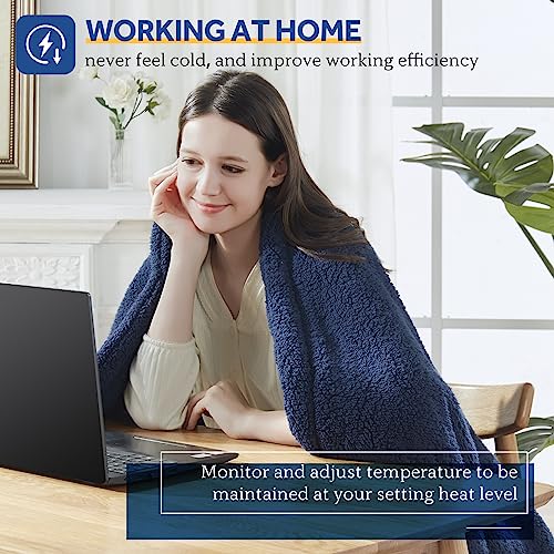 Sealy Electric Blanket Heated Throw 50"x60" Soft Double Sherpa Super Cozy with 6 Fast Heating Levels & 2-10 Hours Auto-Off, Over-Heat Protection, Machine Washable, Navy Blue