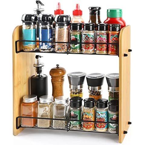 Spice Rack Bamboo Kitchen Rack 2 Levels Organiser Self-Adhesive No Drilling Spice Rack Wall for the Wall, Kitchen, Bathroom Cover
