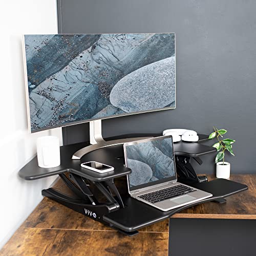 Image of VIVO Black 43 inch Corner Desk Converter, DESK-V000VC | Large, Height Adjustable, Stand Up Desk Riser, Wide Keyboard Tray, Standing Dual Monitor and Laptop Workstation, V Series