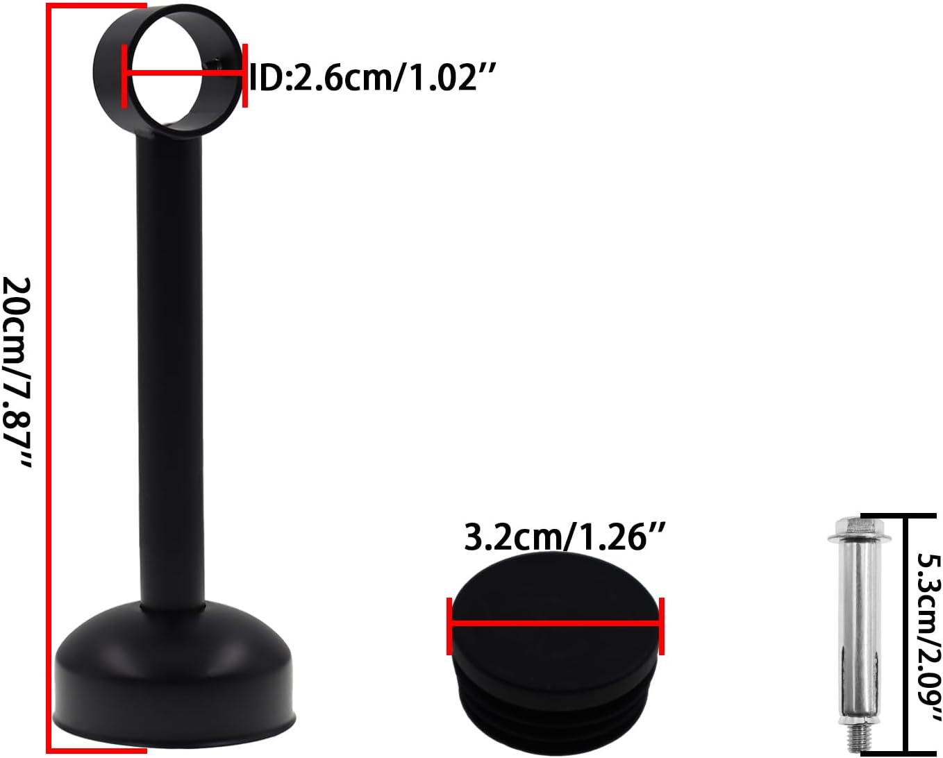 Heavy Duty Ceiling-Mount Curtain Rod Holder, Stainless Steel Bracket, Shower Curtain Hanging Rod Supports Sockets (Black, H:20cm/7.87'' ID:2.6cm/1'' 2PCS)
