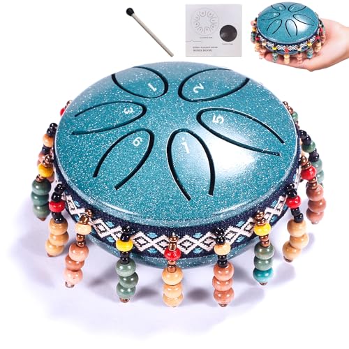 MOOM Mini Rain Drum 3 Inch 6 Notes Steel Tongue Drum with Mallet and Song Book Turquoise Boho Bead Mini Hand Percussion Instrument for Meditation Relaxation Desk Decor and Gifts