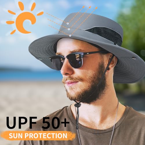AGLIFEFY Chapéu de sol masculino FPS 50+, respirável, chapéu de pesca, aba larga, proteção UV, Cáqui