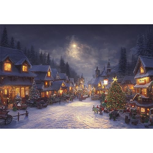 YongFoto 3x2m Christmas Backdrop Scene Fairy Winter Landscape Moon Village Snowfield Xmas Tree Colorful Photo Background for Xmas Eve Party Festival Home Poster Family Photography Supplies