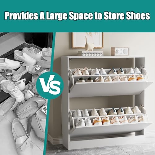 Image of Xixini Shoe Storage Cabinet for Entryway with 2 Flip Drawers, Wood Freestanding Hidden Shoe Storage, Narrow Slim Sturdy Shoe Organizer for Front Door Entrance, Living Room, Hallway, Bedroom, White