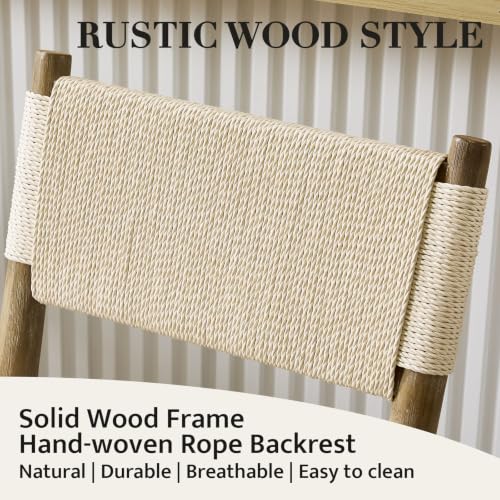Butacos de barra para isla de cocina, set de 2 unidades, respaldo tejido y asiento tapizado en lino beige, estructura de madera natural cepillada, altura de asiento 26 pulgadas miniatura 4