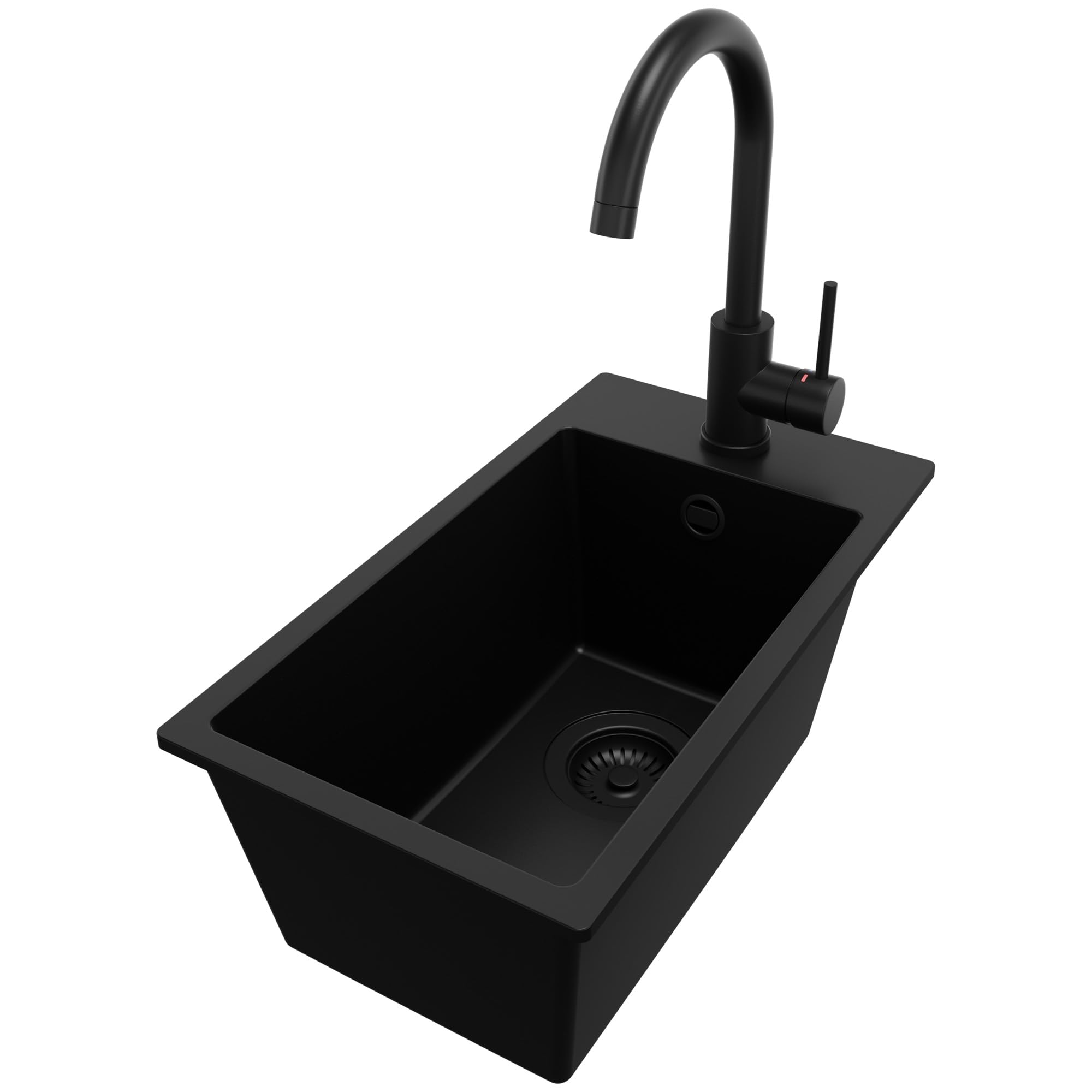 PRIMAGRAN Evier Cuisine en Granit Tout Noir 28x50cm, Lavabo 1 bac + Robinet 32x20cm + Kit de Vidage, Évier à Encastrer au Meuble 30cm - Riga S012
