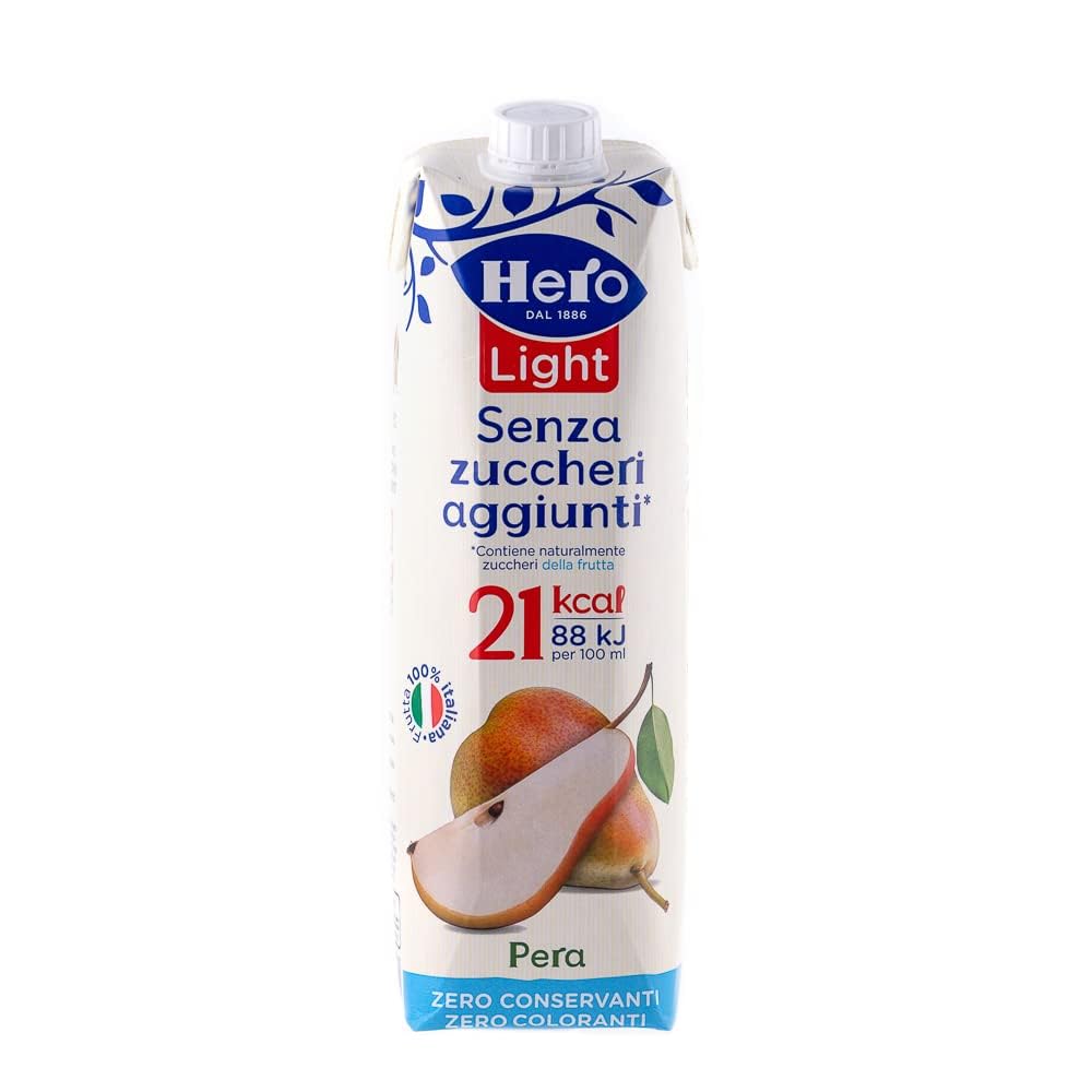 Hero Light Pera Birne Fruchtsaft Ohne Zuckerzusatz Erfrischendes Erfrischungsgetränk mit Sehr Wenig Kalorien, 8x 1LT + Italian Gourmet polpa 400g