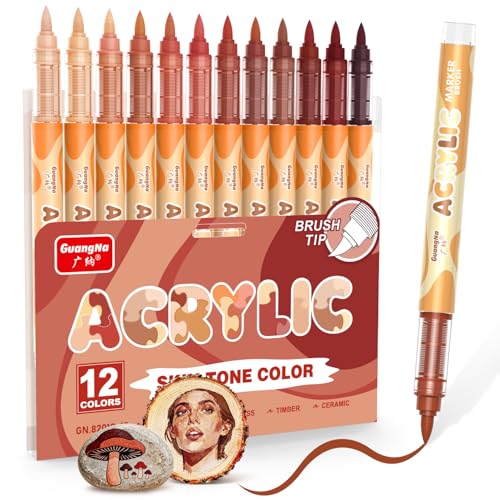 Guangna 12 Skin Tone Acrylic Paint Markers Red Brown Brush Tip Acrylic Paint Pens for Pumpkin Paint Rock Painting Wood Glass Paper Coloring Book Ceramic Canvas DIY Crafts Water-Based Ink