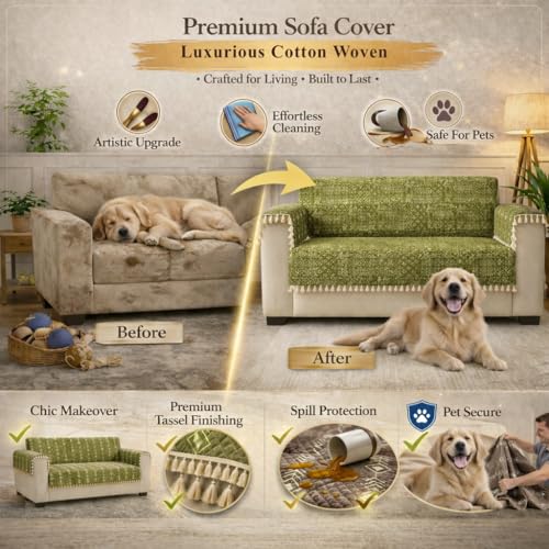 Image of STITCHNEST 'Artisoul Series' Chenille Sofa Cover 3 Seater with 2 Hand Rest Covers | Premium Heavy Fabric, Washable & Fade Resistant | Green Sofa Protector with Tassels | Size 70x30 Inch