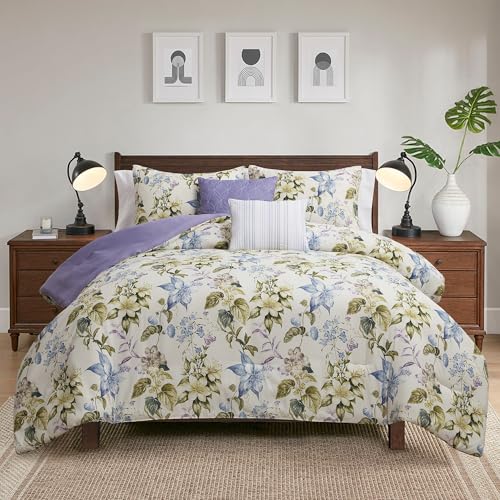 Image of Modern Threads 5-Piece Printed Comforter Set Gabrielle - Lilac, Blue & Cream Floral Bedding with Decorative Pillows & Shams, Soft All Season Bed Set, King