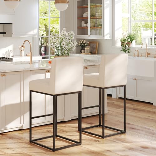 Image of HNY Modern Counter Height Bar Stool, Linen Fabric Upholstered Bar Stool with Backs, 31 Inch Kitchen Island Stools with Black Metal Frame, Cream