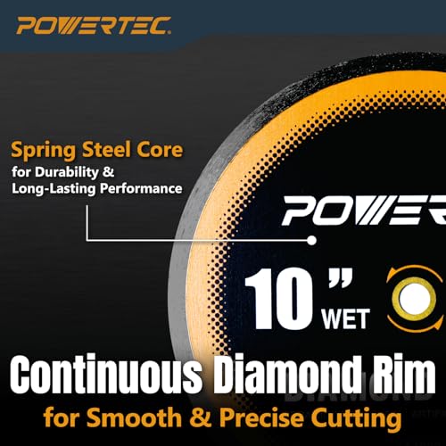 Image of POWERTEC 10 inch Continuous Rim Diamond Saw Blade for Wet Tile Saw, Diamond Blade for Cutting Ceramic, Porcelain, Natural Stone Tile, Wet Cutting Only 10 inch Diamond Blades, 1 Pack (14009)