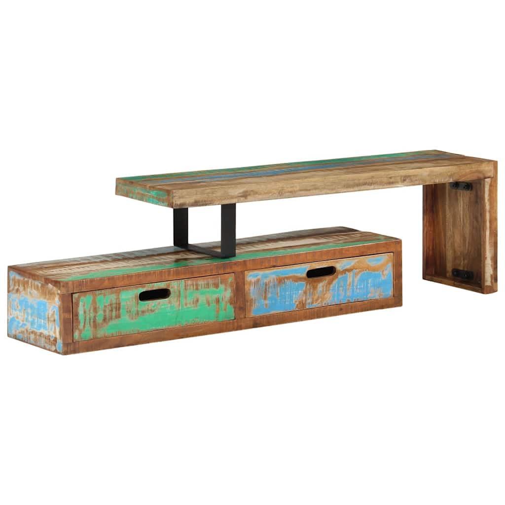 Meuble TV en Bois Massif recyclé 118-200 cm avec Rangement spacieux et Surface d'affichage pour Salon, Style Vintage, Support multimédia, Design Industriel Durable
