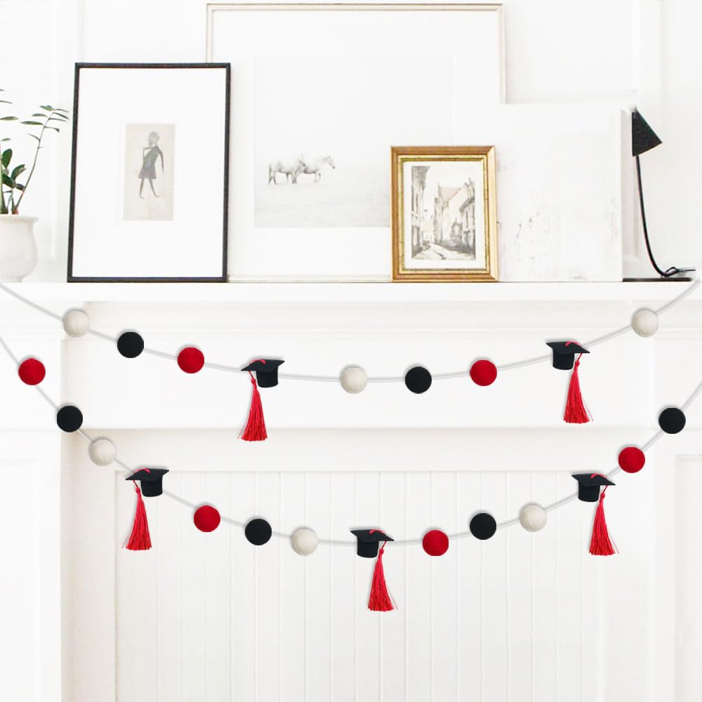 Photo 1 of Graduation Cap Felt Ball Garland, Graduation Hat Party Decor Banner for 2024 High School College Grad Party Banner Felt Ball Garland (Black Red White with Red Tassels)