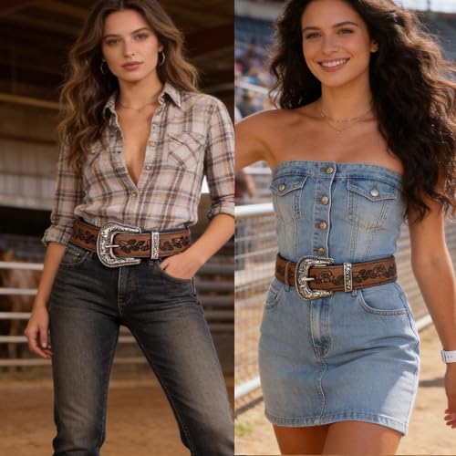 Image of Dubulle Womens Belt Chain Leather Belts Vintage Western Adjustable Elastic Double Buckle for Cowboy Pant Dress