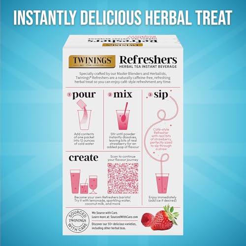 Image of NEW Twinings Strawberry Raspberry Refreshers, Herbal Tea Instant Beverage with Real Strawberry Fruit Bits, 5 Count (Pack of 2), Cafe Style, No Artificial Sweeteners, Naturally Caffeine-Free, 5 Packets