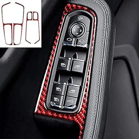 Amazon レッドカーボンファイバードアウィンドウリフトスイッチボタンカバー装飾トリムfor Porsche Macanポルシェマカン14 21に適合インテリアカーアクセサリー 車 バイク 車 バイク