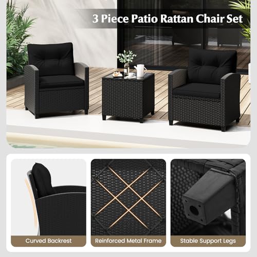 Image of Tangkula 3 Piece Patio Furniture Set, Rattan Conversation Set w /Soft Seat & Back Cushions, Tempered Glass Topped Coffee Table, Cushioned Wicker Seating Set for Backyard, Porch, Poolside (Black)