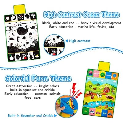 Tummy Time Mirror & Play Mat & Pillow 3-in-1, High Contrast Black and White Baby Toys, Activity Mat for Early Education, Newborn Infant Tummy Time Toy Set for 0 3 6 12 Month Crinkle/Squeake