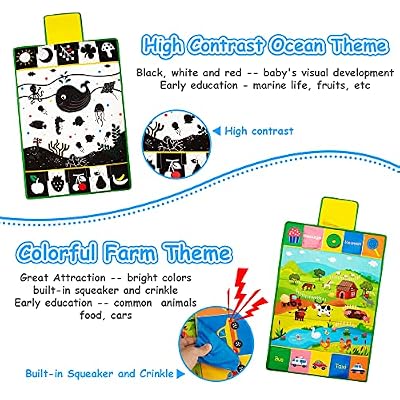 Tummy Time Mirror & Play Mat & Pillow 3-in-1, High Contrast Black and White Baby Toys, Activity Mat for Early Education, Newborn Infant Tummy Time Toy Set for 0 3 6 12 Month Crinkle/Squeake